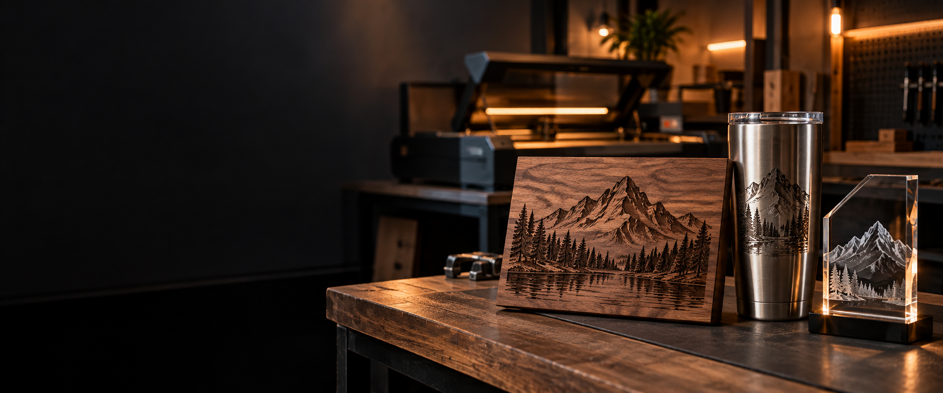 Engraved wood plaque, stainless tumbler, and acrylic award in a laser workshop
